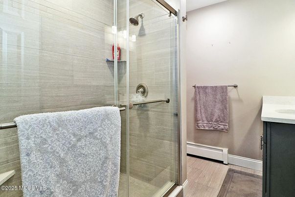 Bathroom, Glass Shower, Interior, Wood Texture Flooring