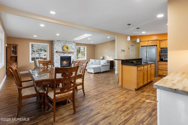Dining room, Fireplace, Interior, Kitchen, Living room, Pendant Lights, Recessed Lighting, Stone Walls, Wood Texture Flooring