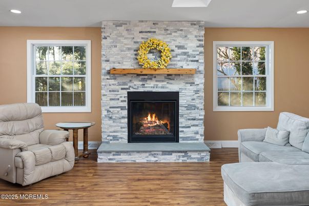 Fireplace, Interior, Recessed Lighting, Stone Walls, Wood Texture Flooring