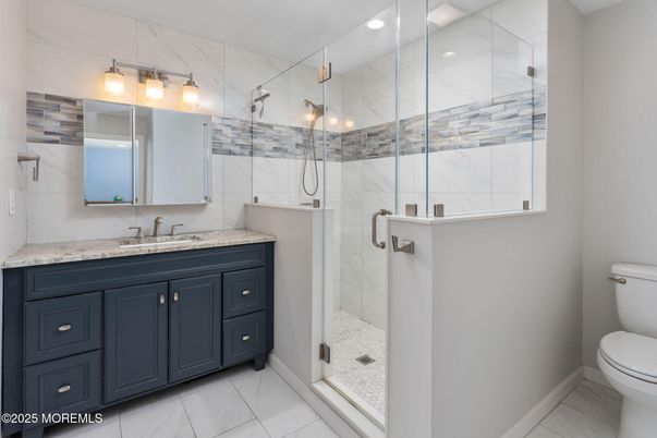 Bathroom, Glass Shower, Interior, Marble Walls, Recessed Lighting
