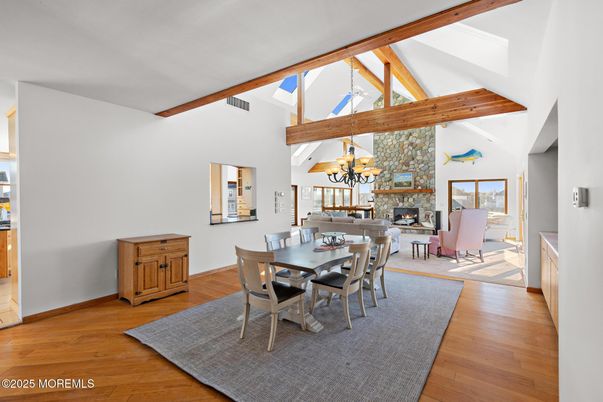 Dining room, Fireplace, Interior, Pendant Lights, Wooden Beams, Wood Texture Flooring