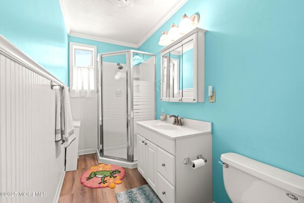 Bathroom, Glass Shower, Interior, Wood Texture Flooring