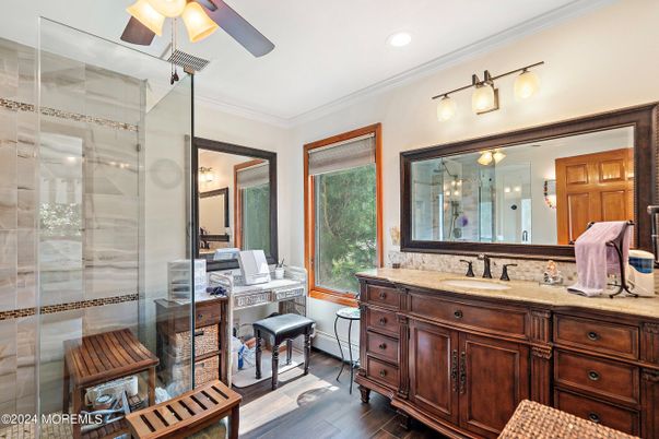 Bathroom, Glass Shower, Interior, Recessed Lighting, Wood Texture Flooring