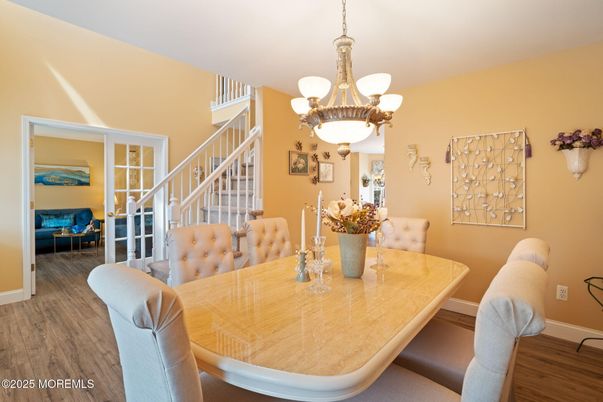 Chandelier, Dining room, Interior, Wood Texture Flooring