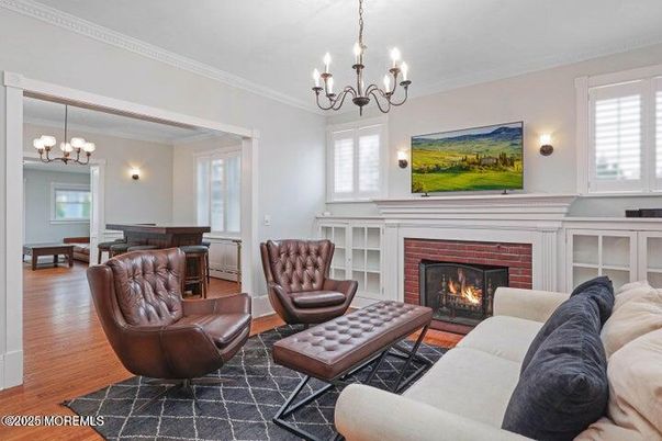 Chandelier, Fireplace, Interior, Living room, Wood Texture Flooring