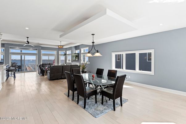 Dining room, Interior, Living room, Pendant Lights, Recessed Lighting, Wood Texture Flooring