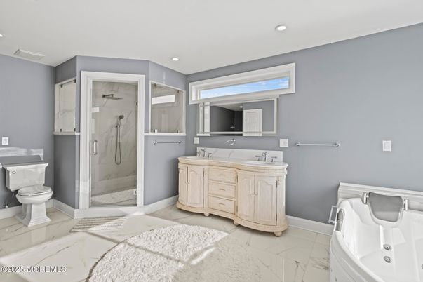 Bathroom, Dual Sink Vanities, Glass Shower, Interior, Marble, Recessed Lighting