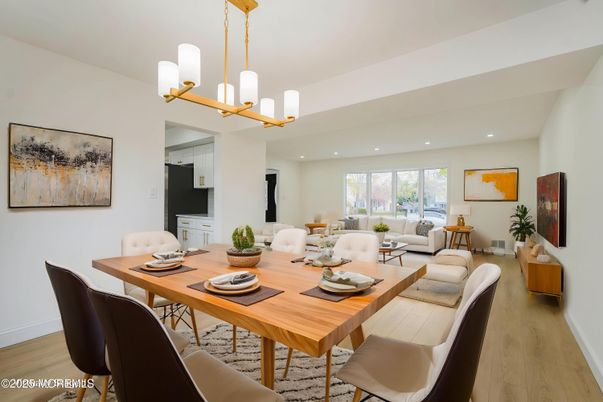 Dining room, Interior, Living room, Pendant Lights, Recessed Lighting, Wood Texture Flooring