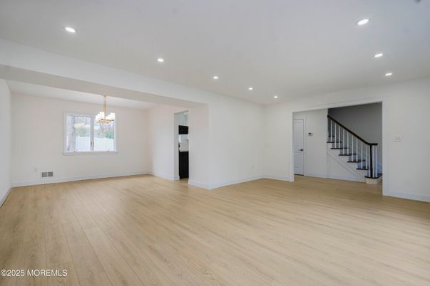 Chandelier, Empty room, Interior, Recessed Lighting, Wood Texture Flooring