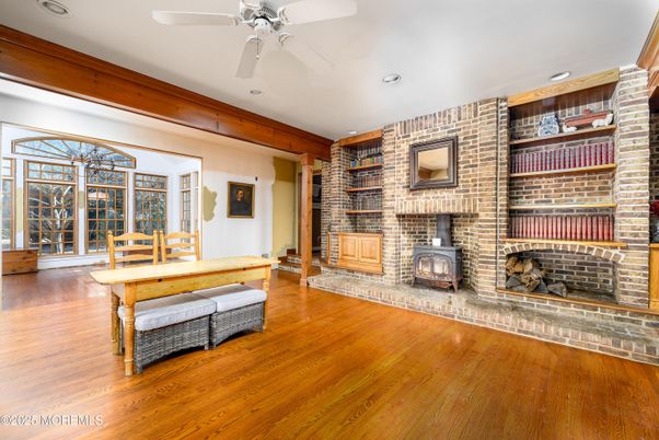 Fireplace, Interior, Recessed Lighting, Stone Walls, Wood Texture Flooring