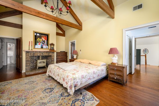 Bedroom, Chandelier, Fireplace, Interior, Wooden Beams, Wood Texture Flooring