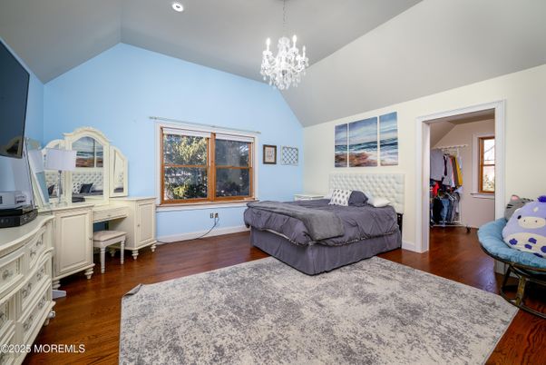 Bedroom, Chandelier, Home Office, Interior, Recessed Lighting, Wood Texture Flooring