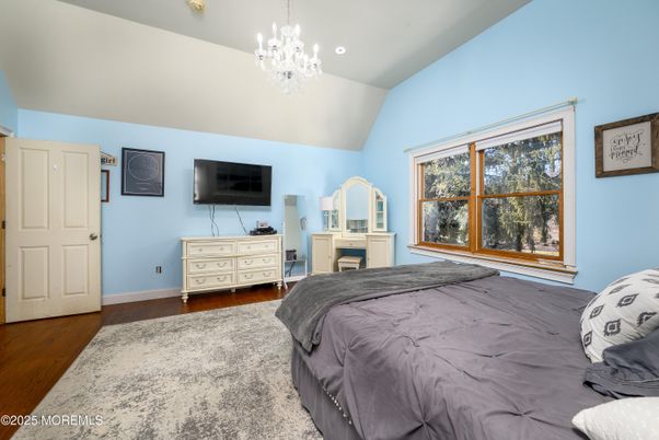 Bedroom, Chandelier, Interior, Recessed Lighting, Wood Texture Flooring
