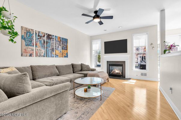 Fireplace, Interior, Living room, Recessed Lighting, Wood Texture Flooring