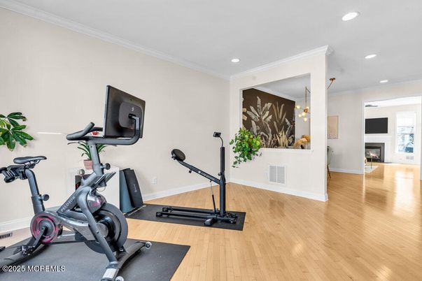 Fireplace, Fitness Equipment, Interior, Recessed Lighting, Wood Texture Flooring