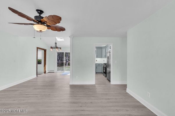 Empty room, Interior, Kitchen, Pendant Lights, Wood Texture Flooring