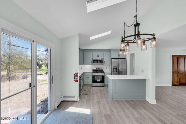 Interior, Kitchen, Pendant Lights, Stainless Steel Appliances, Wood Texture Flooring