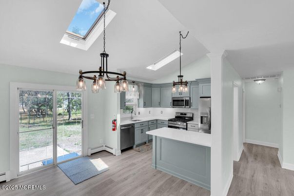 Interior, Kitchen, Pendant Lights, Stainless Steel Appliances, Wood Texture Flooring