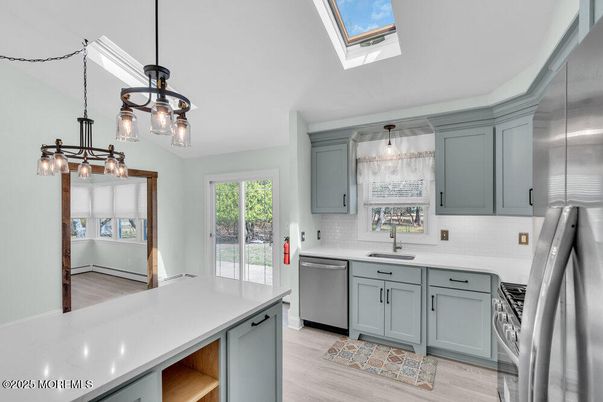 Interior, Kitchen, Pendant Lights, Stainless Steel Appliances, Wood Texture Flooring