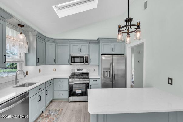 Interior, Kitchen, Pendant Lights, Stainless Steel Appliances, Wood Texture Flooring