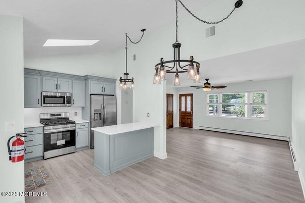 Interior, Kitchen, Pendant Lights, Stainless Steel Appliances, Wood Texture Flooring