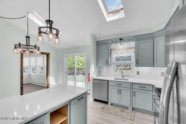 Interior, Kitchen, Pendant Lights, Stainless Steel Appliances, Wood Texture Flooring