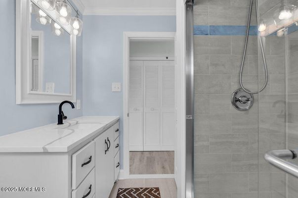 Bathroom, Glass Shower, Interior, Wood Texture Flooring