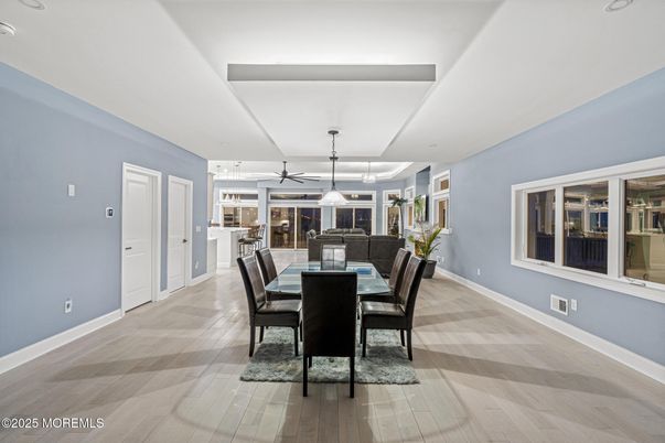 Dining room, Interior, Pendant Lights, Wood Texture Flooring