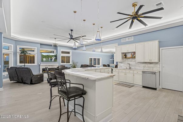 Interior, Kitchen, Pendant Lights, Recessed Lighting, Wood Texture Flooring