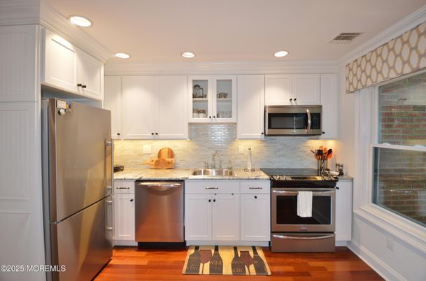 Interior, Kitchen, Recessed Lighting, Stainless Steel Appliances, Wood Texture Flooring