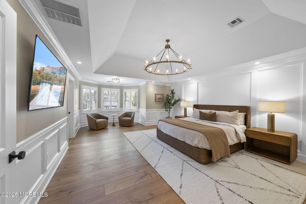 Bedroom, Chandelier, Interior, Recessed Lighting, Wood Texture Flooring