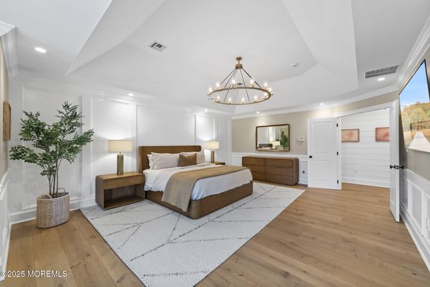 Bedroom, Chandelier, Interior, Recessed Lighting, Wood Texture Flooring