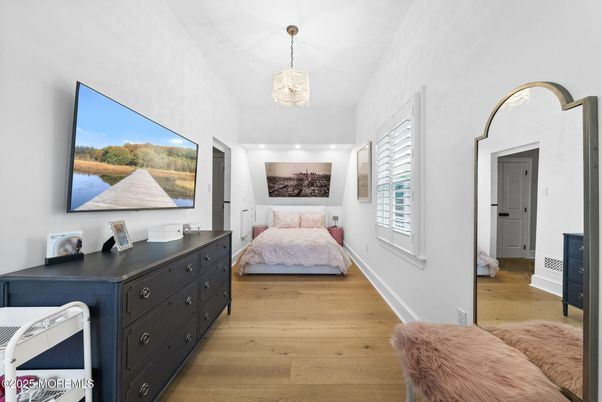 Bedroom, Interior, Pendant Lights, Recessed Lighting, Wood Texture Flooring