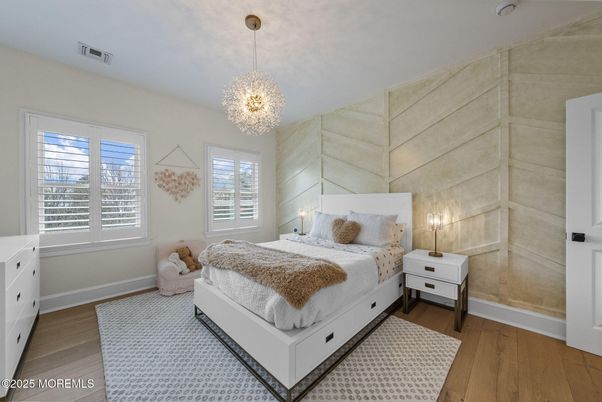 Bedroom, Chandelier, Interior, Wood Texture Flooring