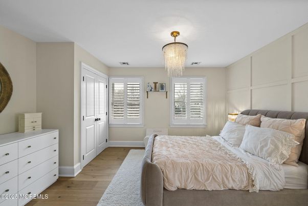 Bedroom, Chandelier, Interior, Wood Texture Flooring