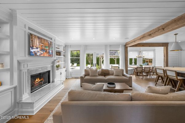 Dining room, Fireplace, Interior, Living room, Pendant Lights, Recessed Lighting, Wooden Beams, Wood Texture Flooring