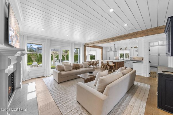Dining room, Fireplace, Interior, Kitchen, Living room, Pendant Lights, Recessed Lighting, Wood Texture Flooring