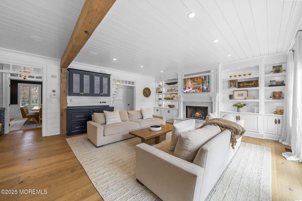 Fireplace, Interior, Living room, Recessed Lighting, Wooden Beams, Wood Texture Flooring