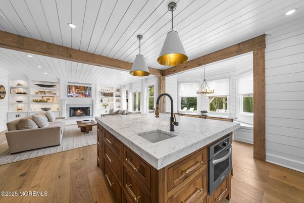 Fireplace, Interior, Kitchen, Living room, Pendant Lights, Recessed Lighting, Wooden Beams, Wood Texture Flooring