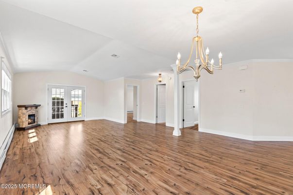 Chandelier, Empty room, Fireplace, Interior, Wood Texture Flooring