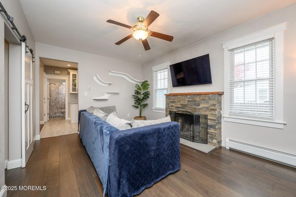 Fireplace, Interior, Recessed Lighting, Wood Texture Flooring