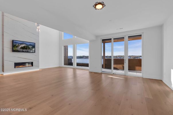 Empty room, Fireplace, Interior, Pendant Lights, Water, Wood Texture Flooring
