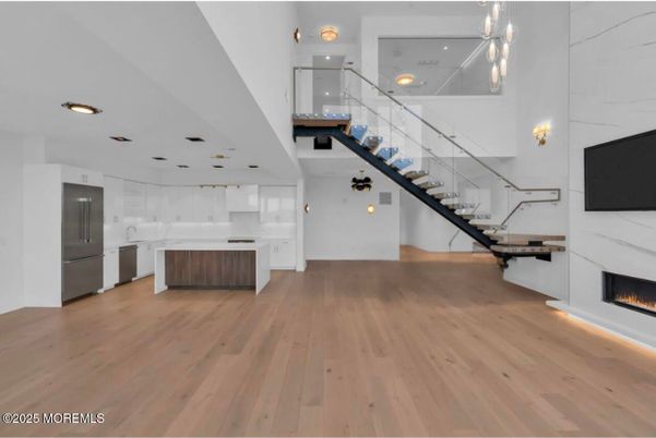 Fireplace, Interior, Kitchen, Pendant Lights, Recessed Lighting, Wood Texture Flooring