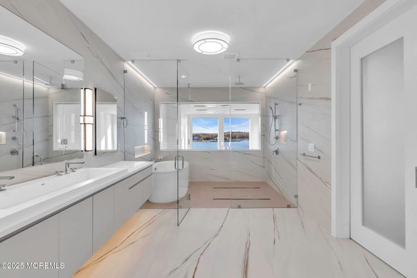 Bathroom, Dual Sink Vanities, Glass Shower, Interior, Marble, Marble Walls, Water