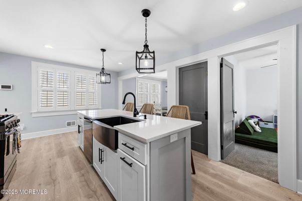 Interior, Kitchen, Pendant Lights, Recessed Lighting, Wood Texture Flooring