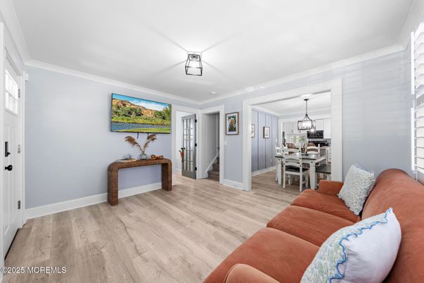 Dining room, Interior, Living room, Pendant Lights, Wood Texture Flooring