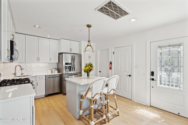 Interior, Kitchen, Pendant Lights, Recessed Lighting, Stainless Steel Appliances, Wood Texture Flooring
