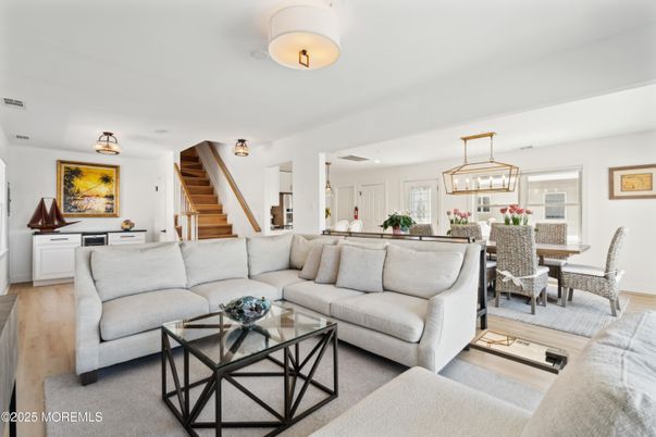 Dining room, Interior, Living room, Pendant Lights, Wood Texture Flooring