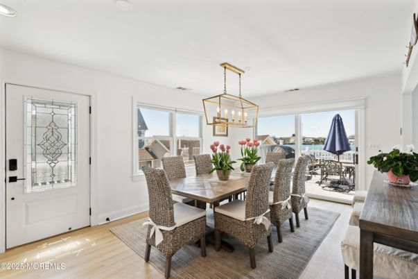 Dining room, Interior, Pendant Lights, Recessed Lighting, Wood Texture Flooring