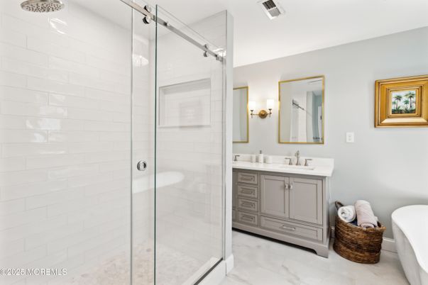 Bathroom, Dual Sink Vanities, Glass Shower, Interior, Marble